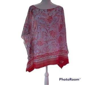 Talbots Poncho Large Red pattern on Light Blue background  cotton & silk